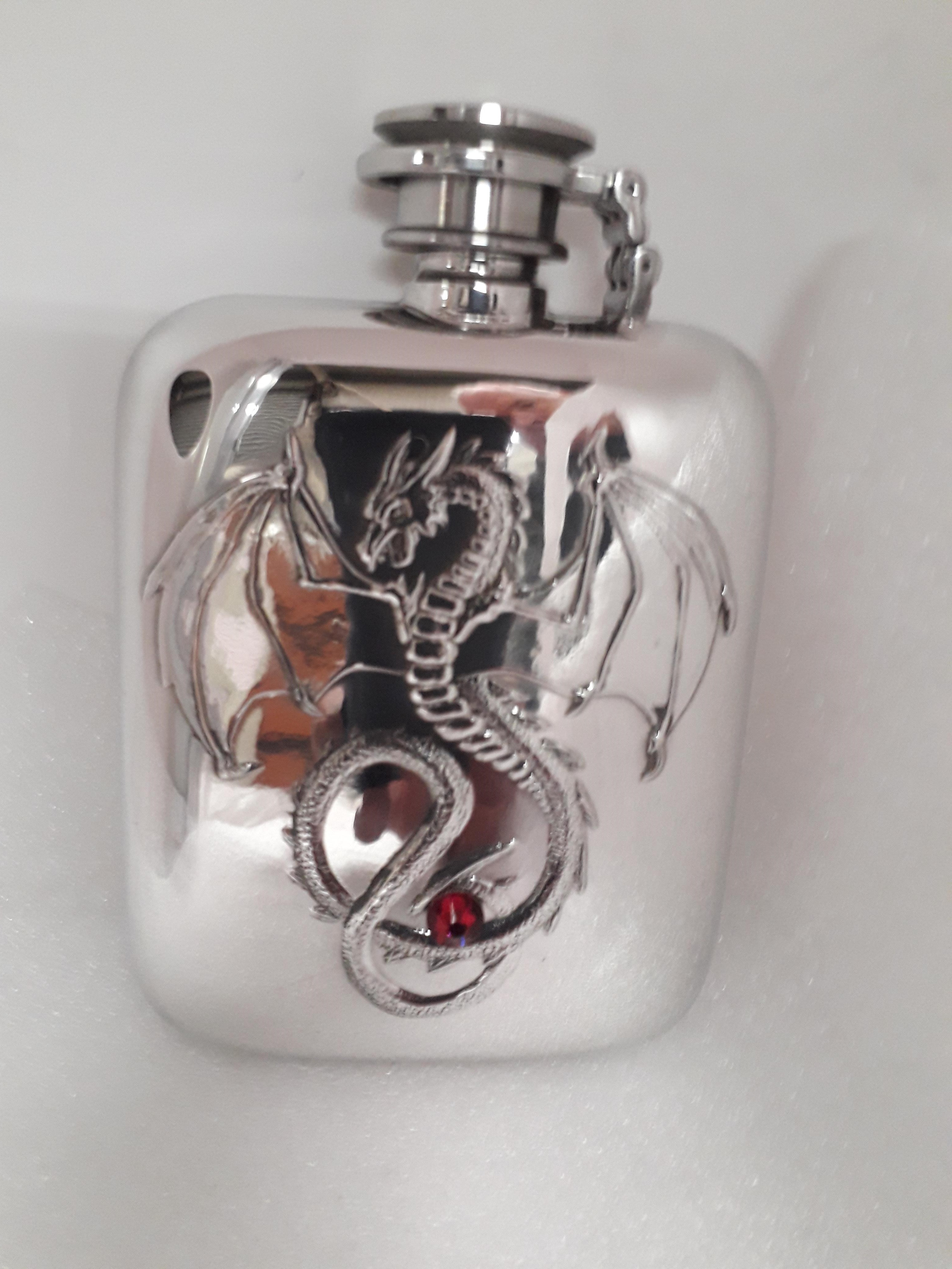 F140 4oz stamped flask Embossed Dragon captive top fitted